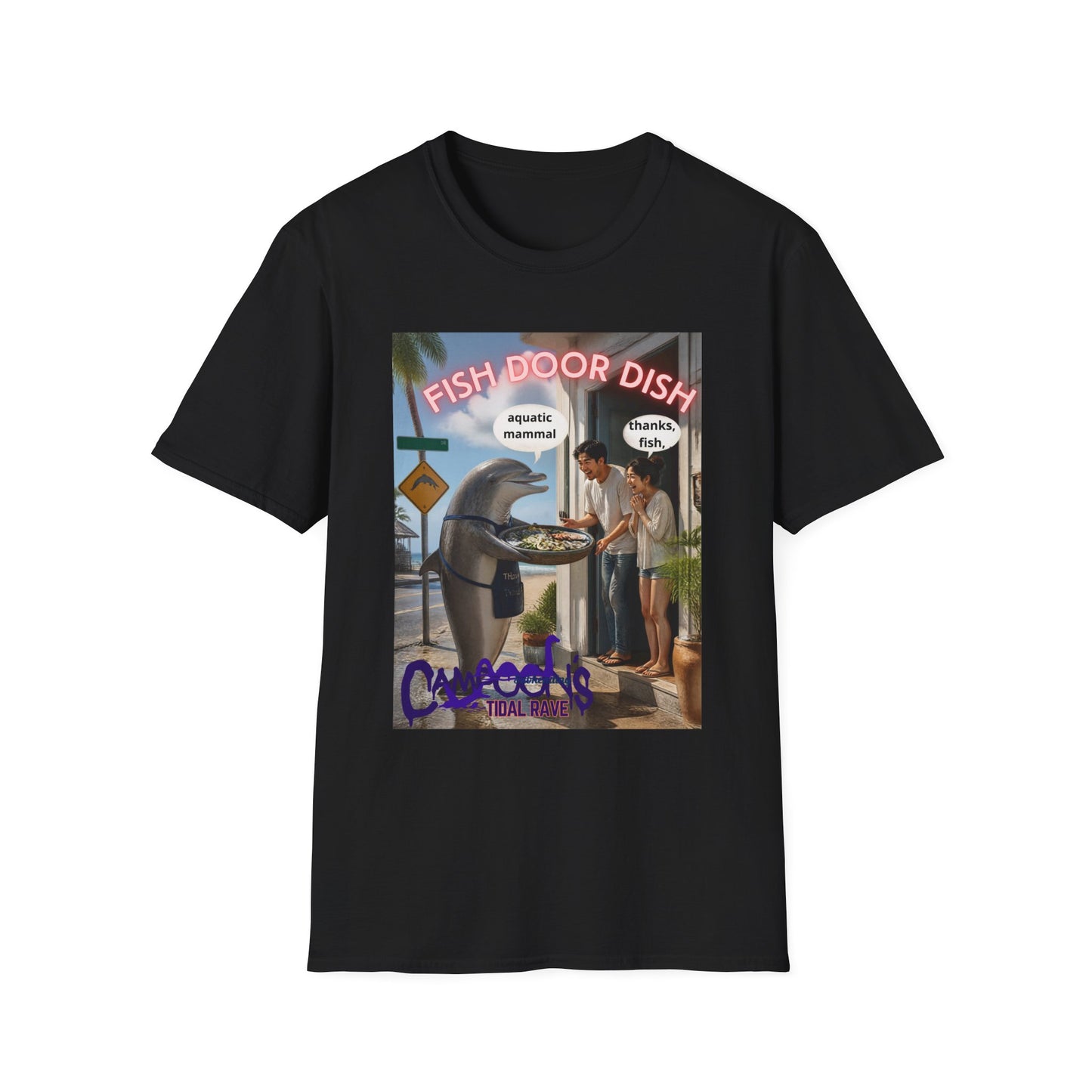 Fish Door Dish T‑Shirt — Funny Dolphin Meme Tee ("aquatic mammal / thanks, fish")