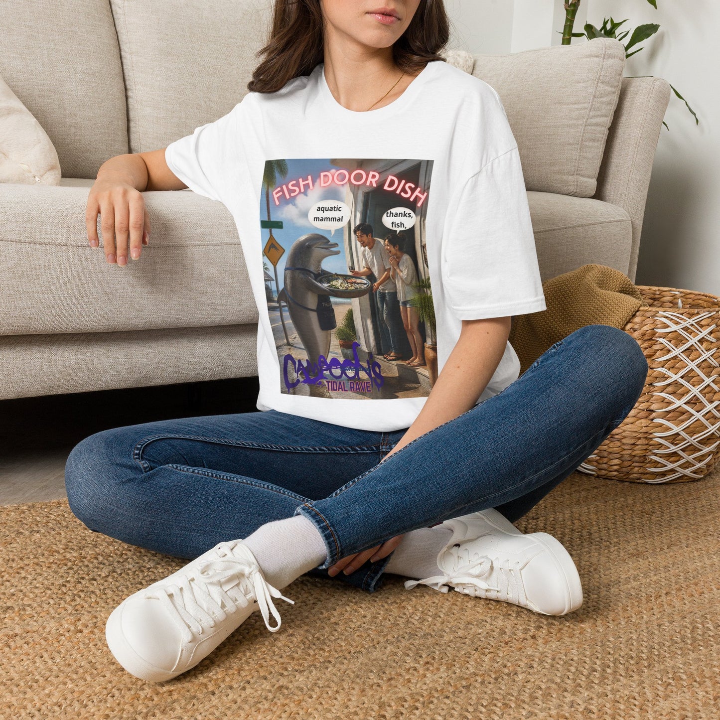 Fish Door Dish T‑Shirt — Funny Dolphin Meme Tee ("aquatic mammal / thanks, fish")