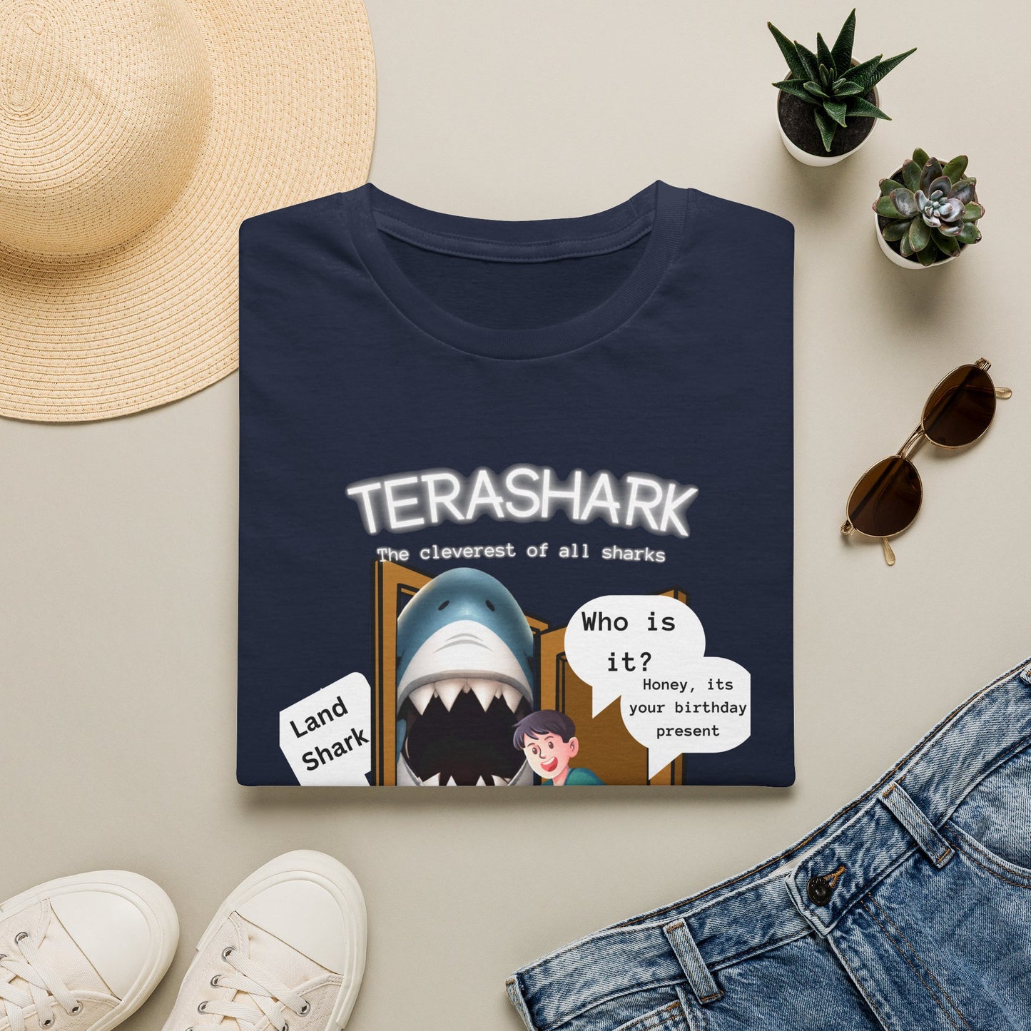 Tera Shark "Who is it?" Graphic T‑Shirt — Funny Birthday Surprise Tee