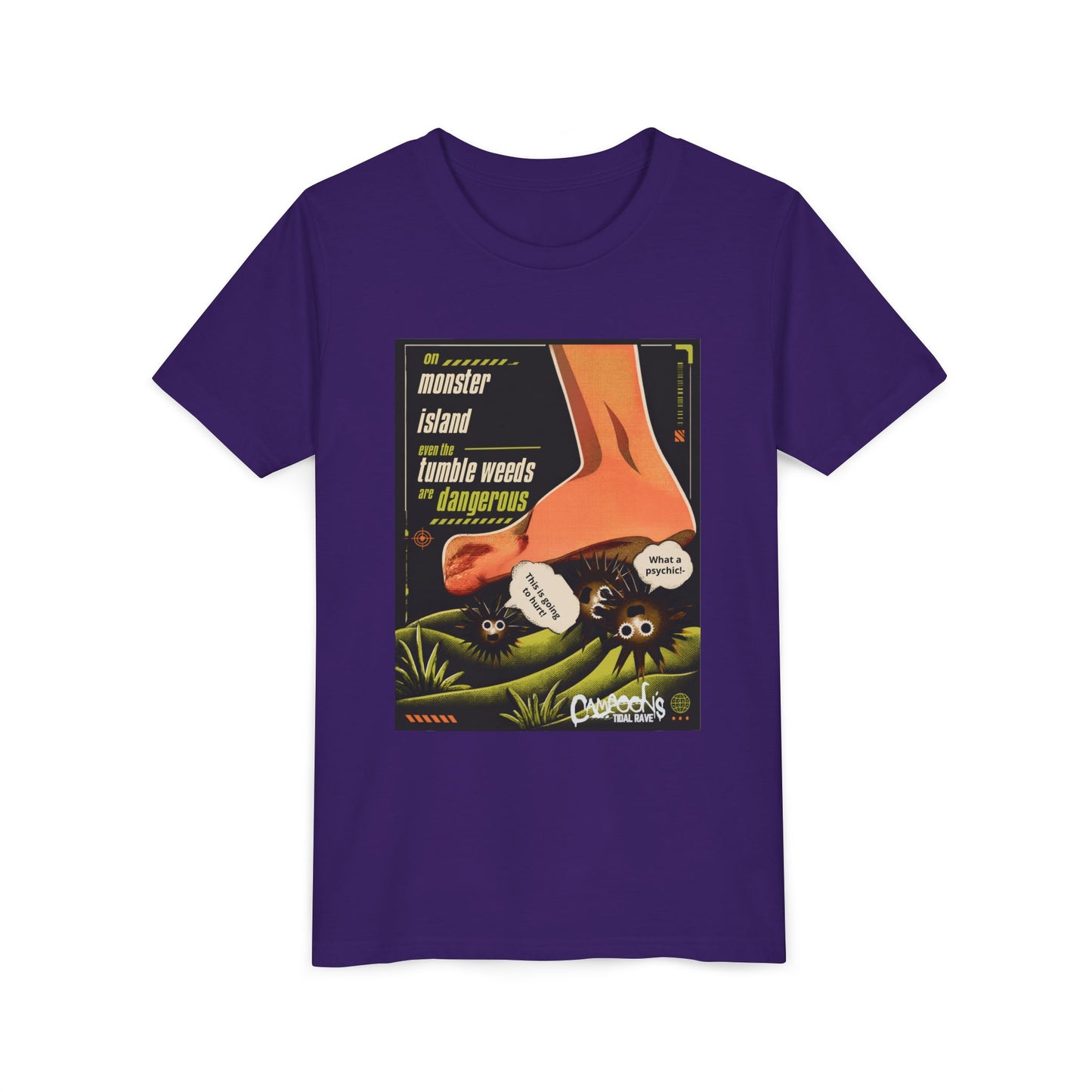 Youth Tee – "Monster Island" Cartoon Foot & Fuzzy Bugs Graphic