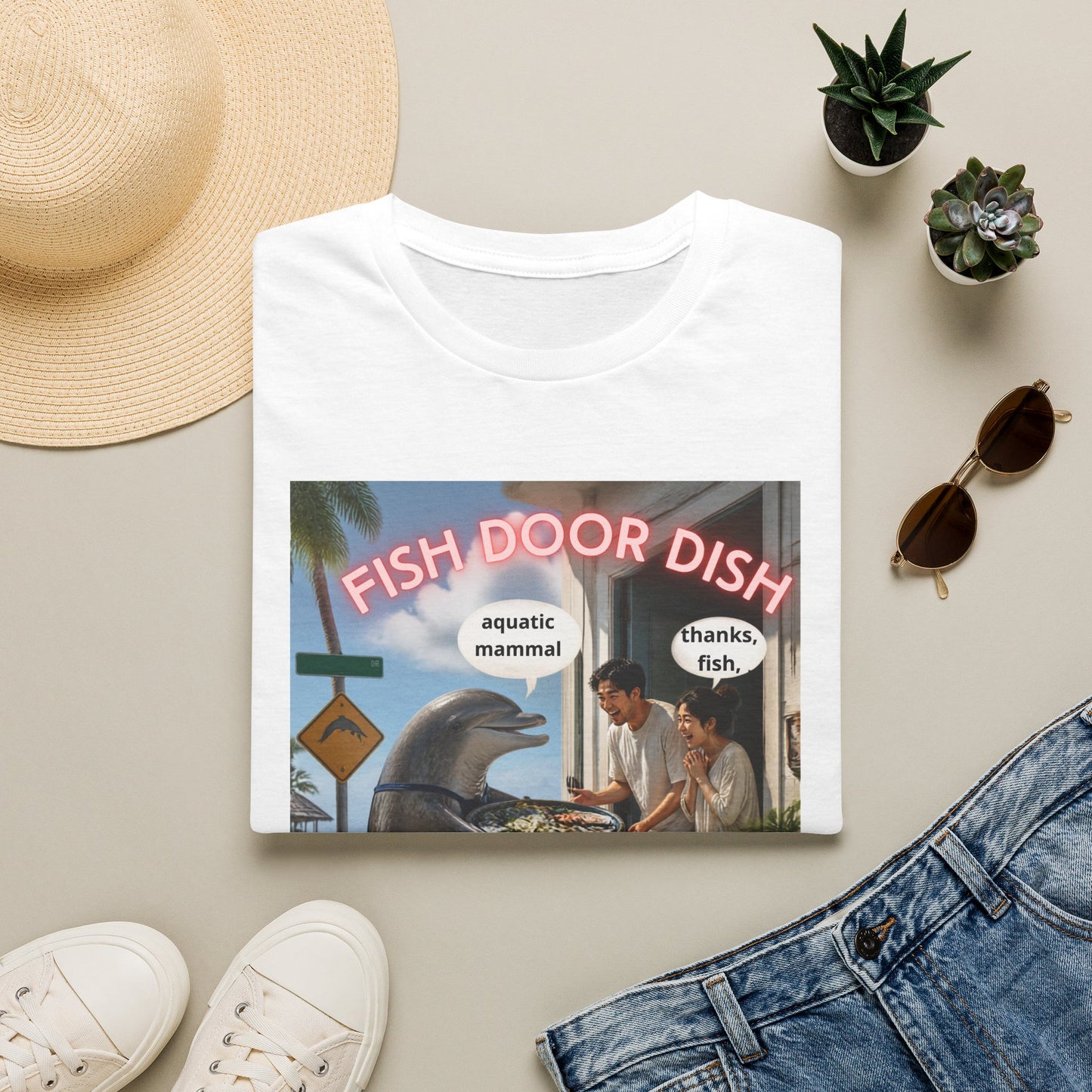 Fish Door Dish T‑Shirt — Funny Dolphin Meme Tee ("aquatic mammal / thanks, fish")