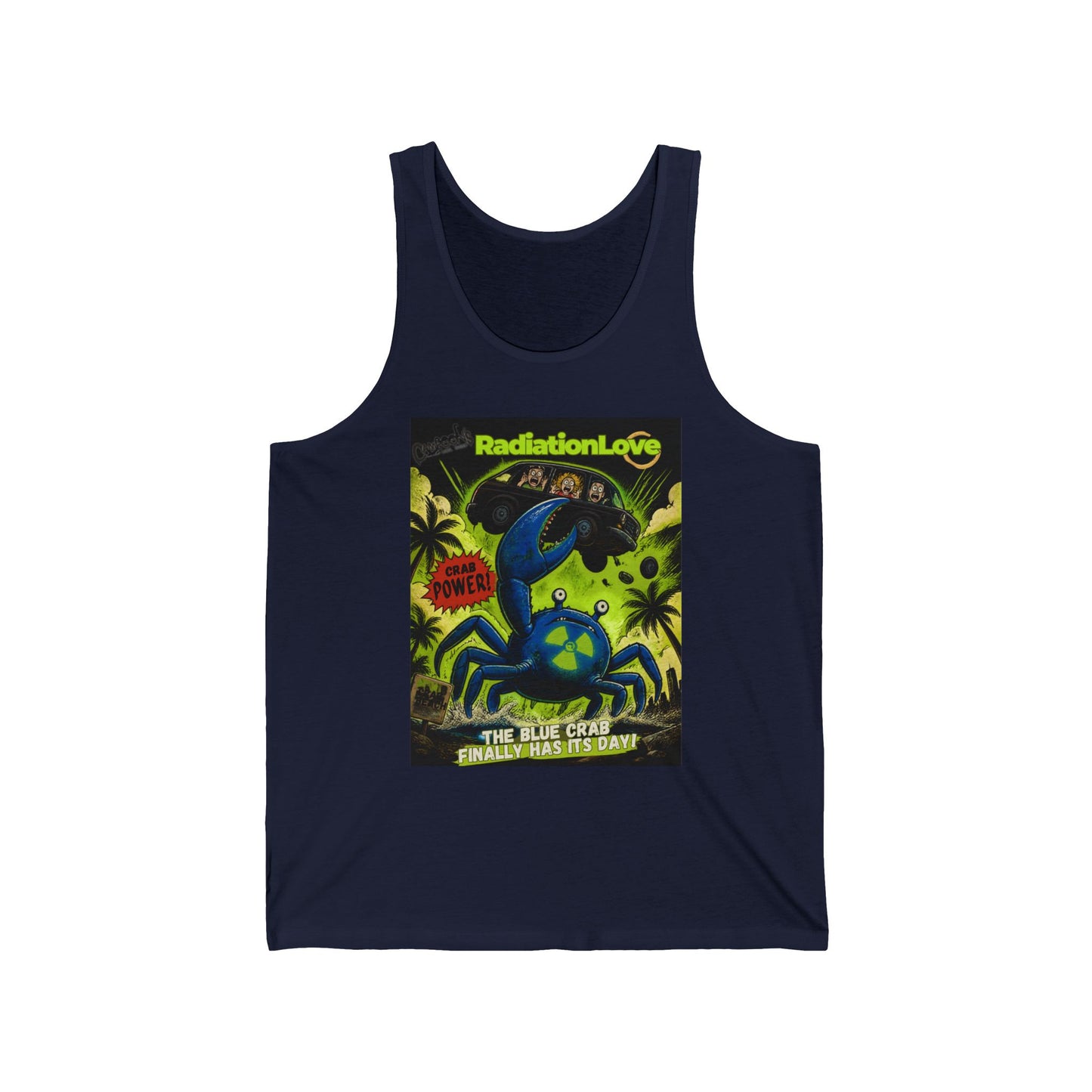 Blue Crab Radiation Love Tank Top — Retro Sci‑Fi Monster Poster Design