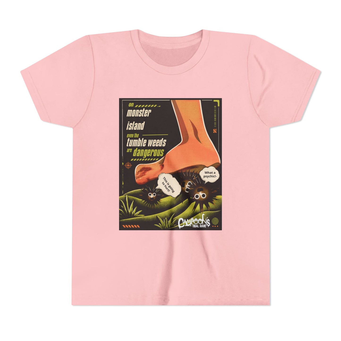 Youth Tee – "Monster Island" Cartoon Foot & Fuzzy Bugs Graphic