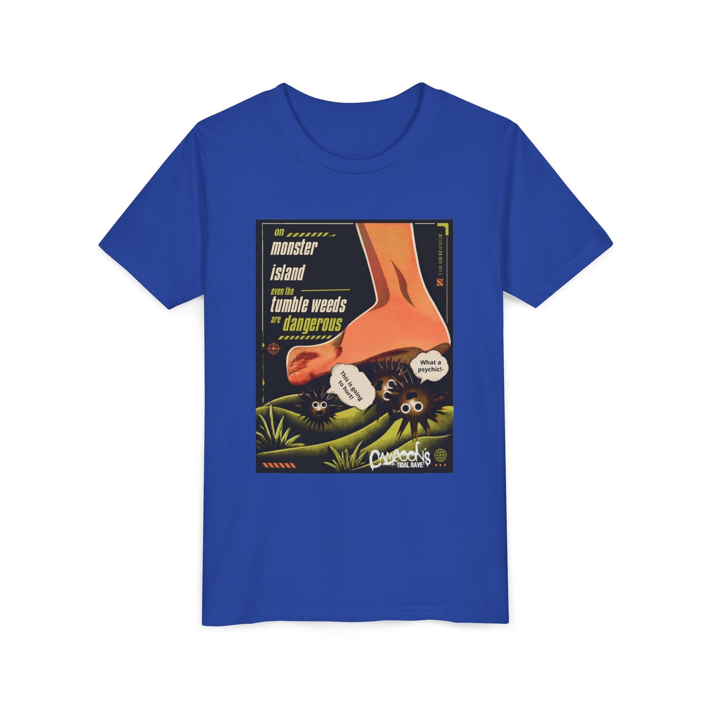 Youth Tee – "Monster Island" Cartoon Foot & Fuzzy Bugs Graphic