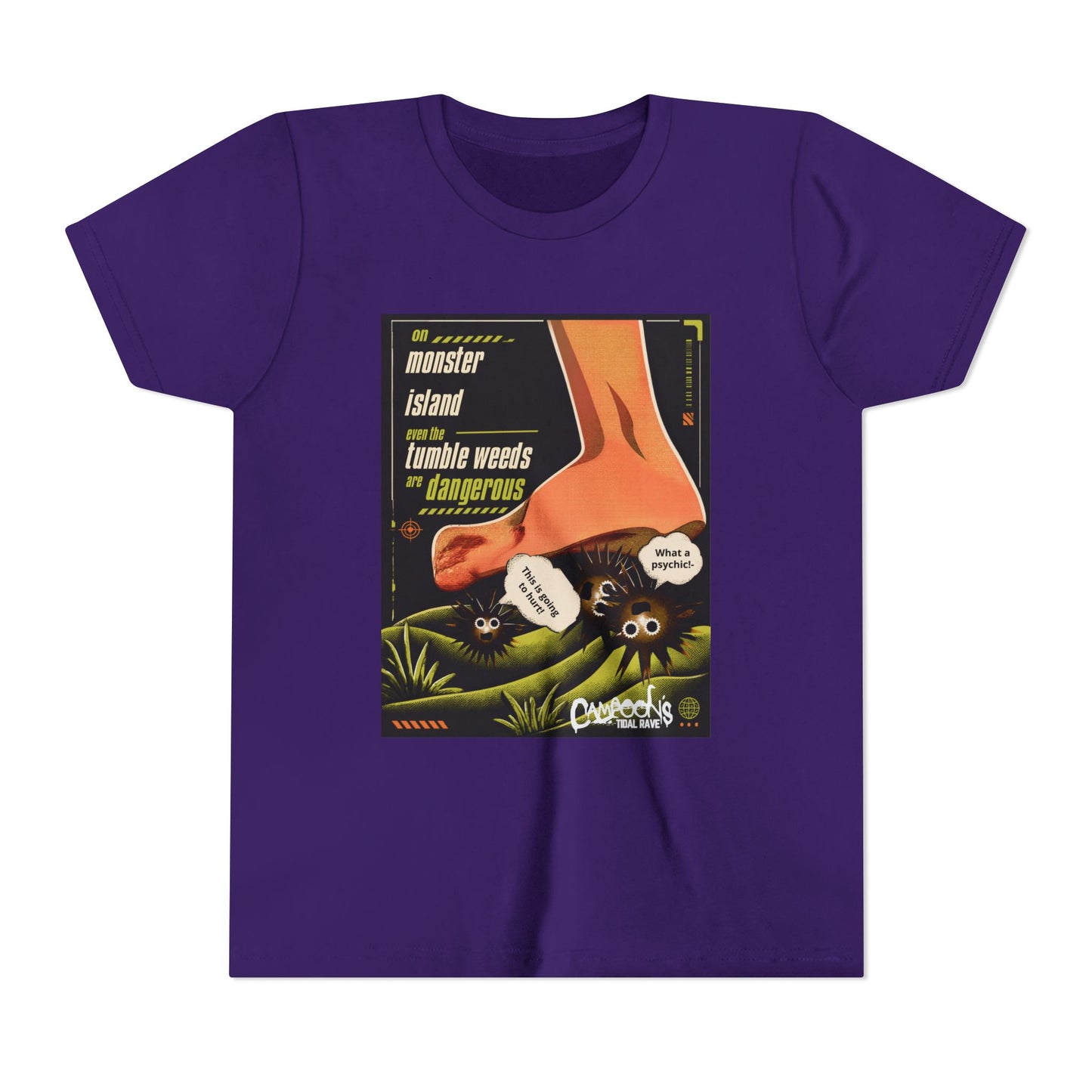 Youth Tee – "Monster Island" Cartoon Foot & Fuzzy Bugs Graphic