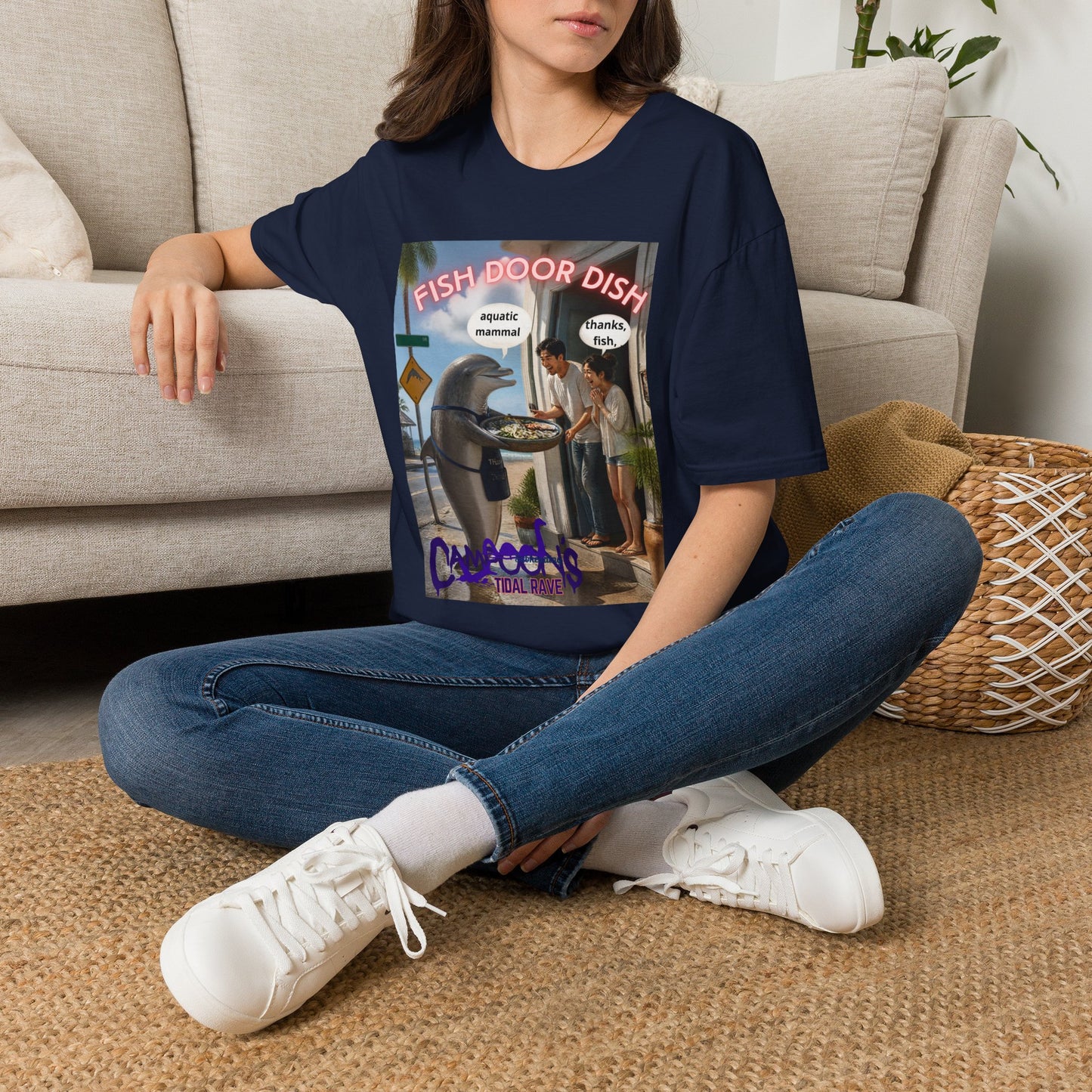 Fish Door Dish T‑Shirt — Funny Dolphin Meme Tee ("aquatic mammal / thanks, fish")
