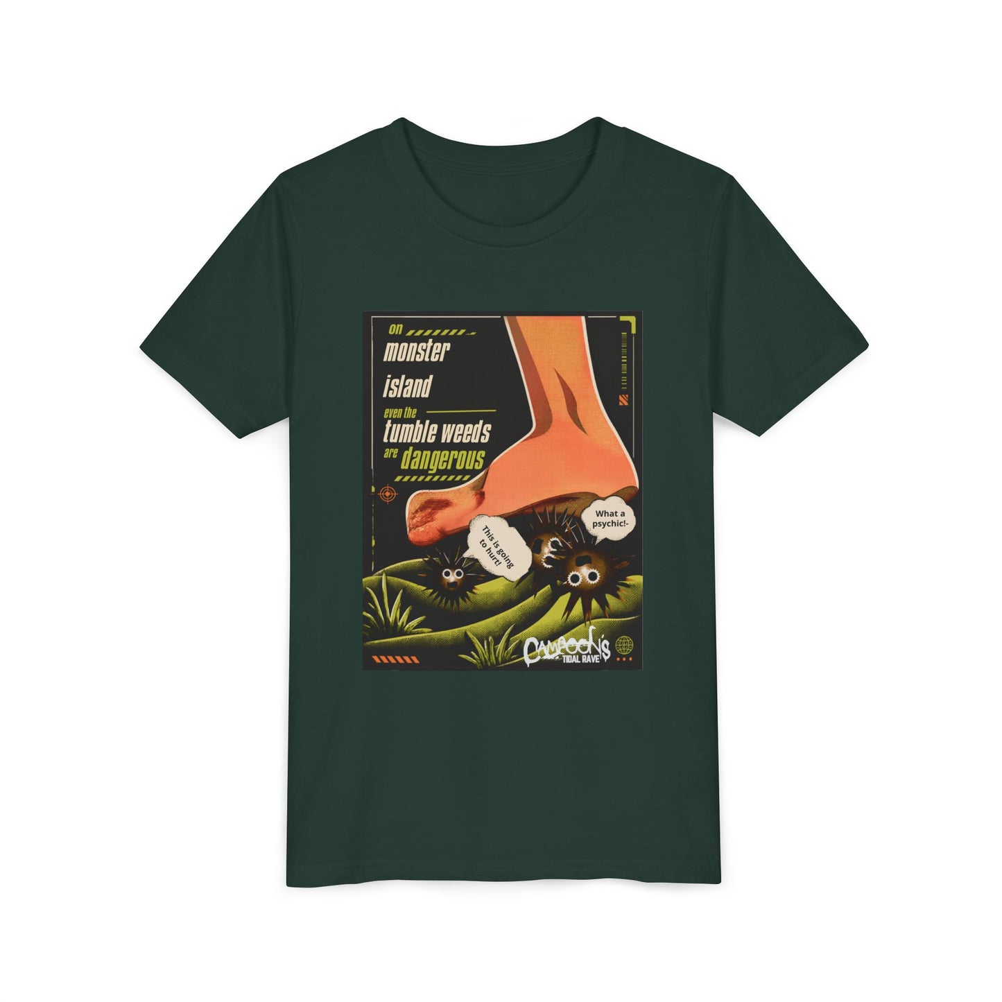 Youth Tee – "Monster Island" Cartoon Foot & Fuzzy Bugs Graphic