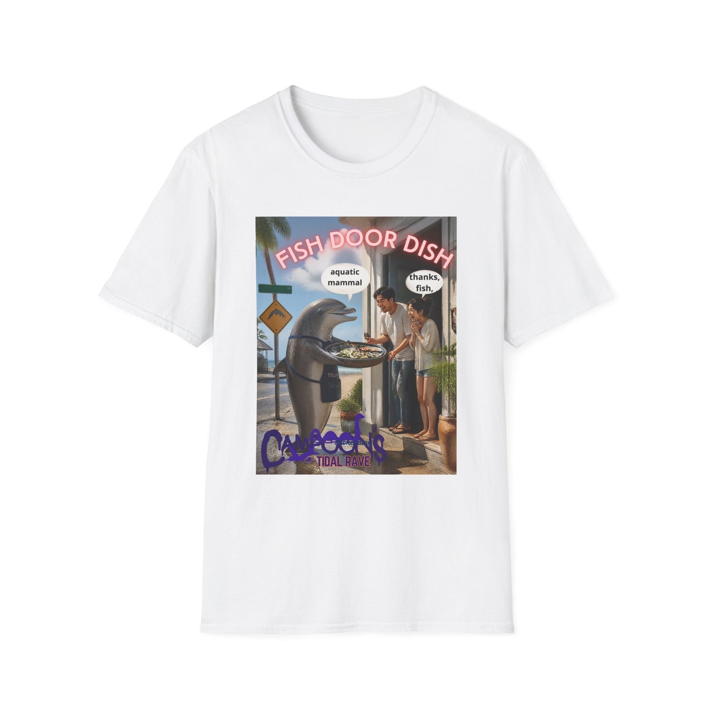 Fish Door Dish T‑Shirt — Funny Dolphin Meme Tee ("aquatic mammal / thanks, fish")