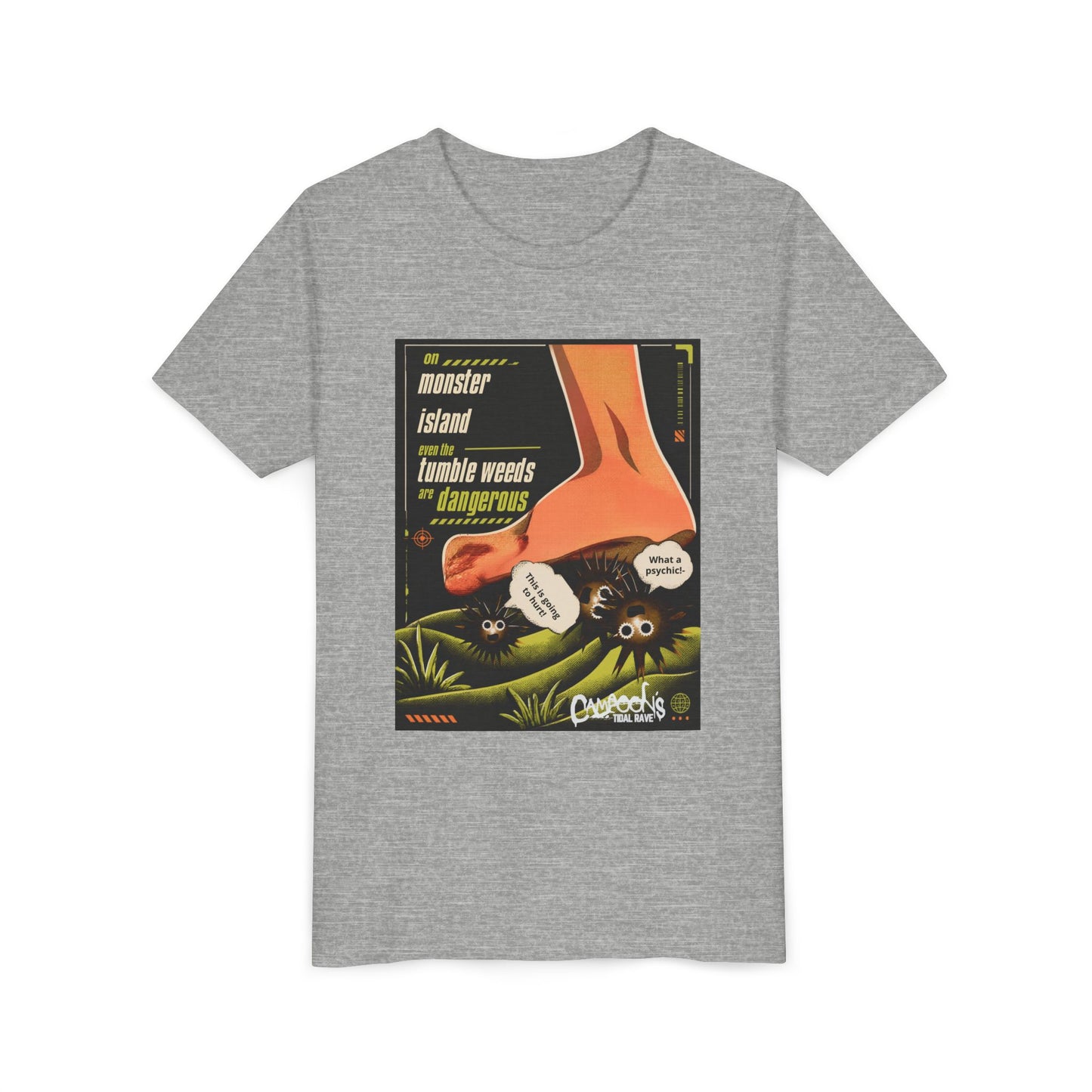 Youth Tee – "Monster Island" Cartoon Foot & Fuzzy Bugs Graphic