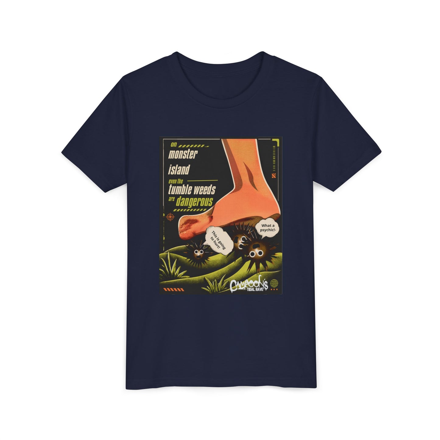 Youth Tee – "Monster Island" Cartoon Foot & Fuzzy Bugs Graphic