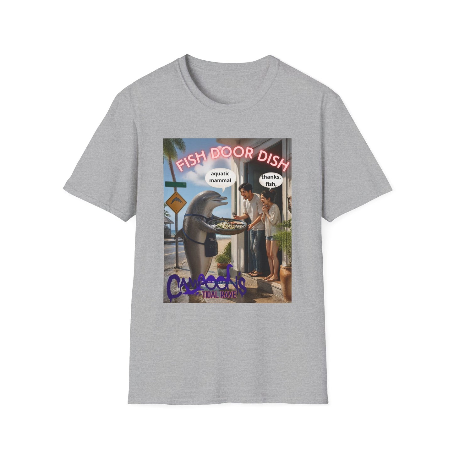 Fish Door Dish T‑Shirt — Funny Dolphin Meme Tee ("aquatic mammal / thanks, fish")