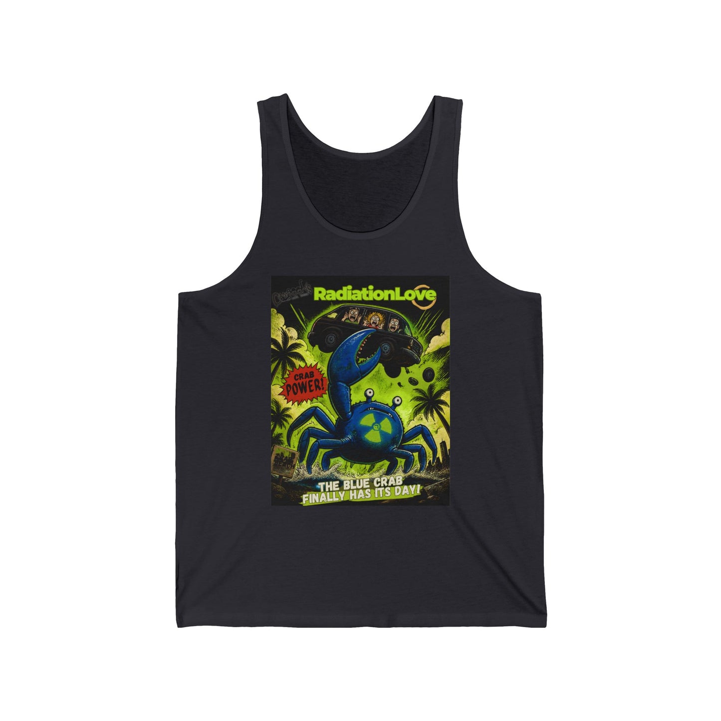 Blue Crab Radiation Love Tank Top — Retro Sci‑Fi Monster Poster Design