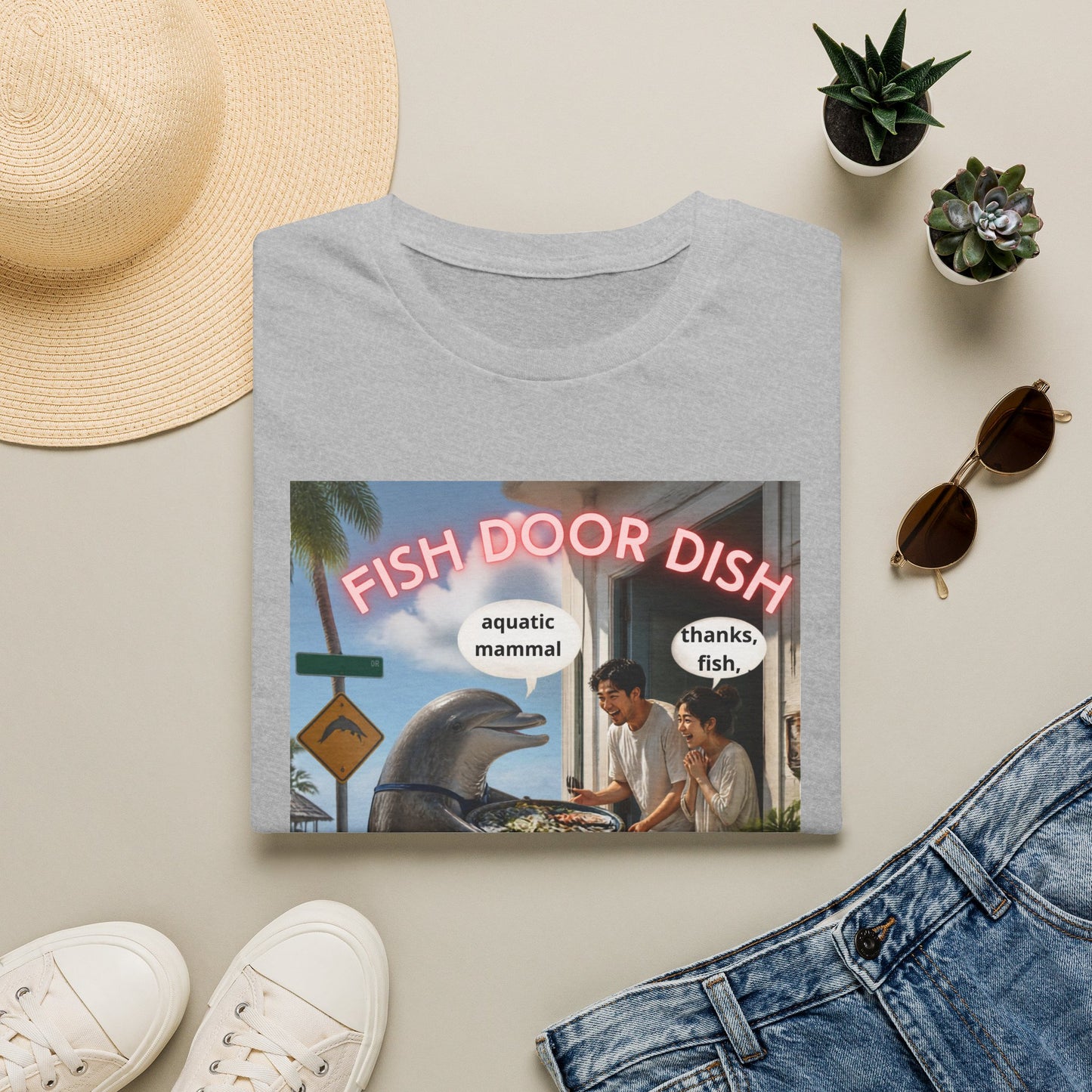 Fish Door Dish T‑Shirt — Funny Dolphin Meme Tee ("aquatic mammal / thanks, fish")