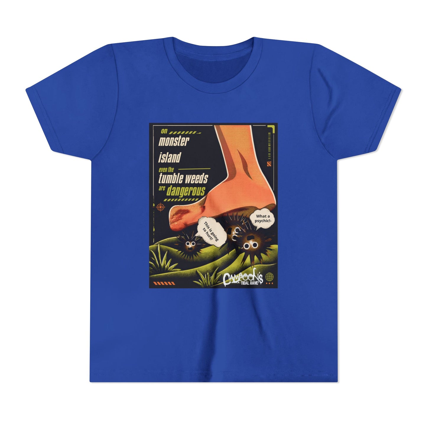 Youth Tee – "Monster Island" Cartoon Foot & Fuzzy Bugs Graphic