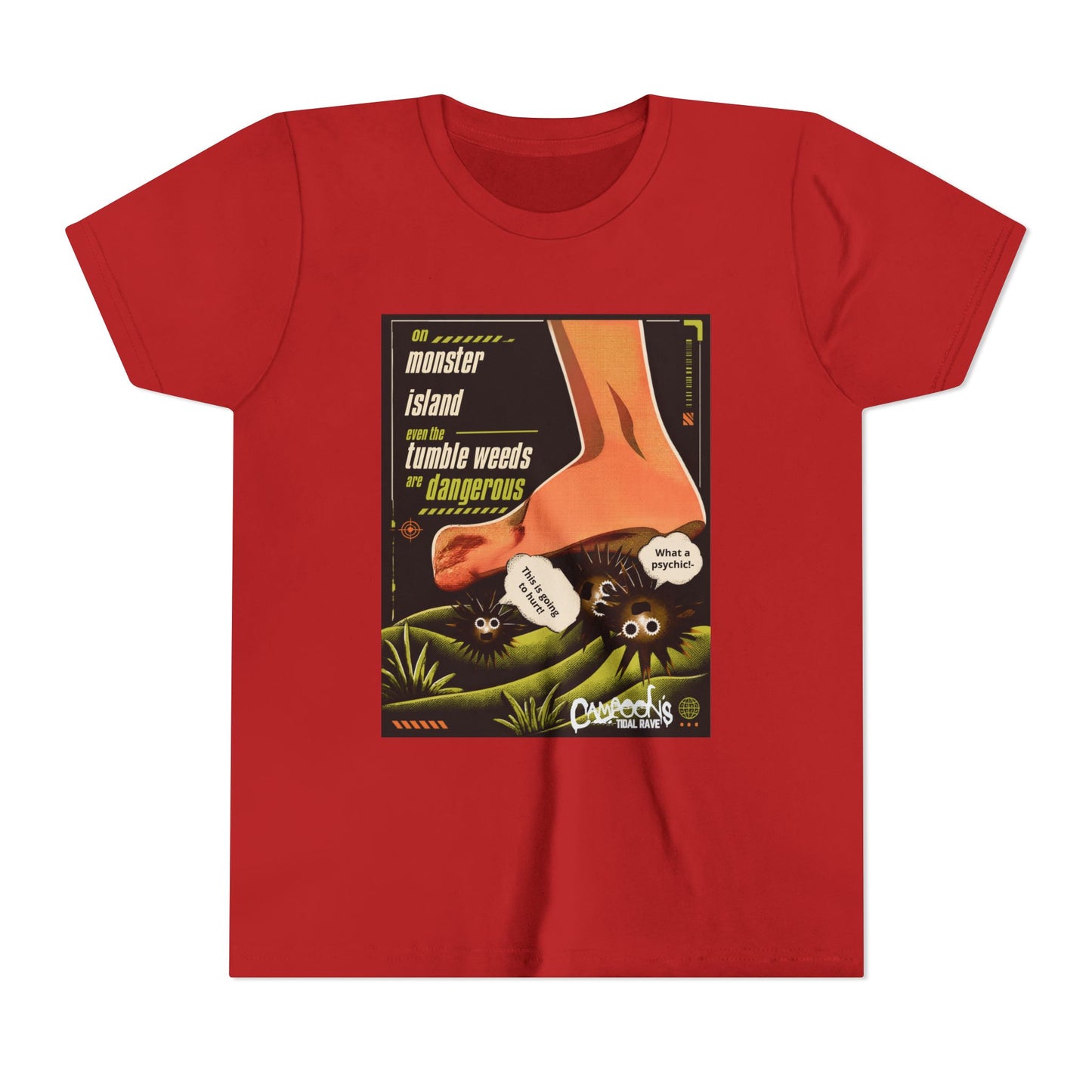 Youth Tee – "Monster Island" Cartoon Foot & Fuzzy Bugs Graphic