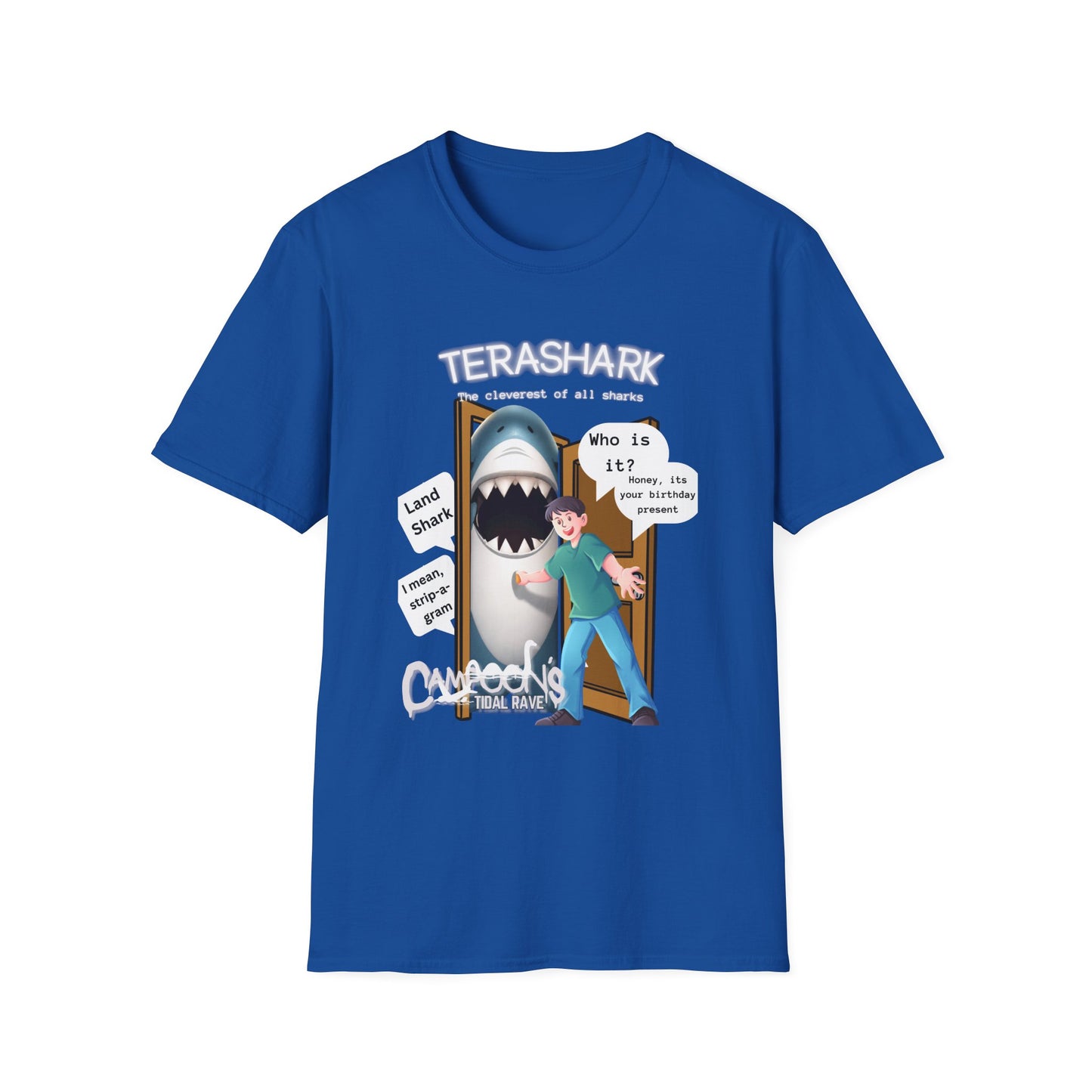 Tera Shark "Who is it?" Graphic T‑Shirt — Funny Birthday Surprise Tee