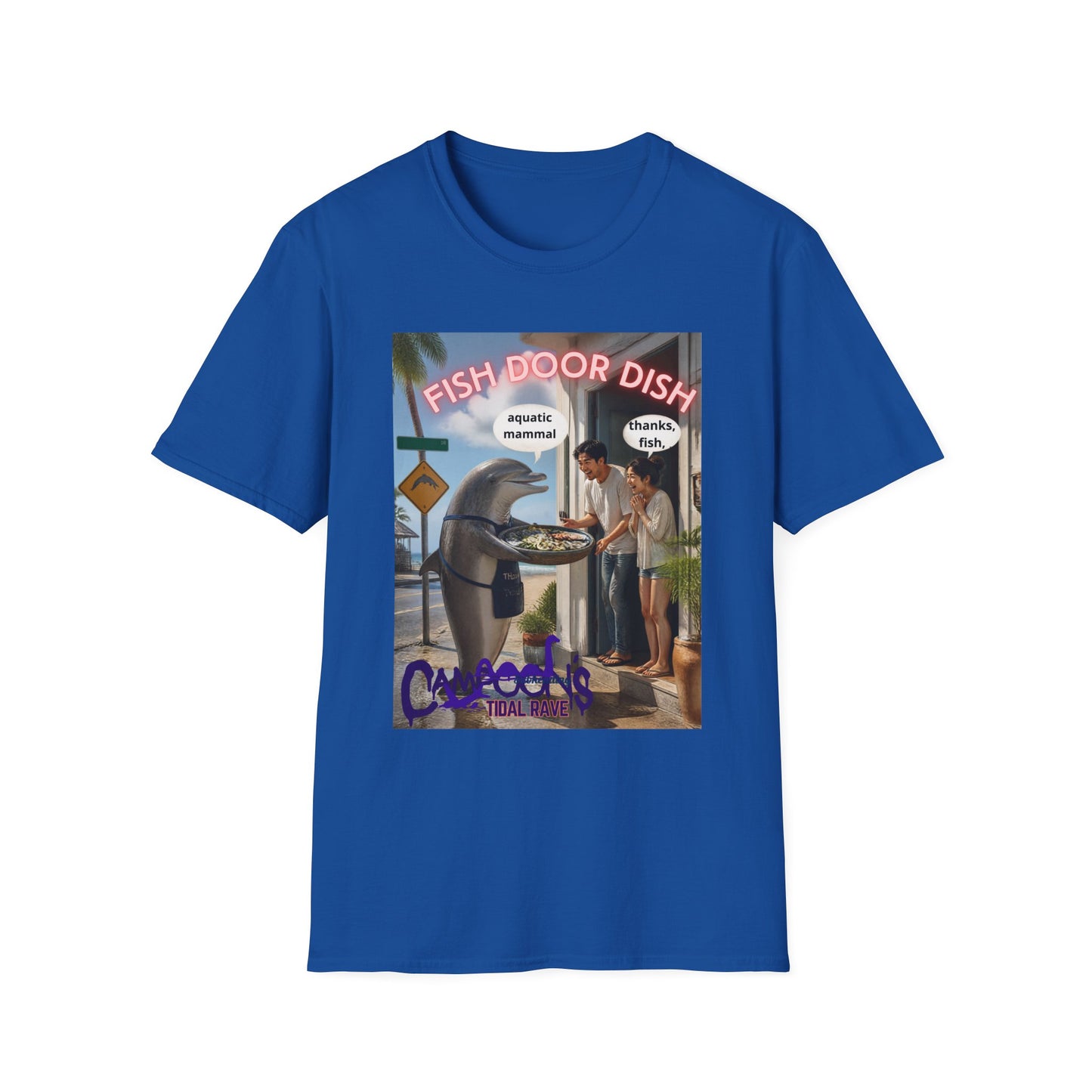 Fish Door Dish T‑Shirt — Funny Dolphin Meme Tee ("aquatic mammal / thanks, fish")