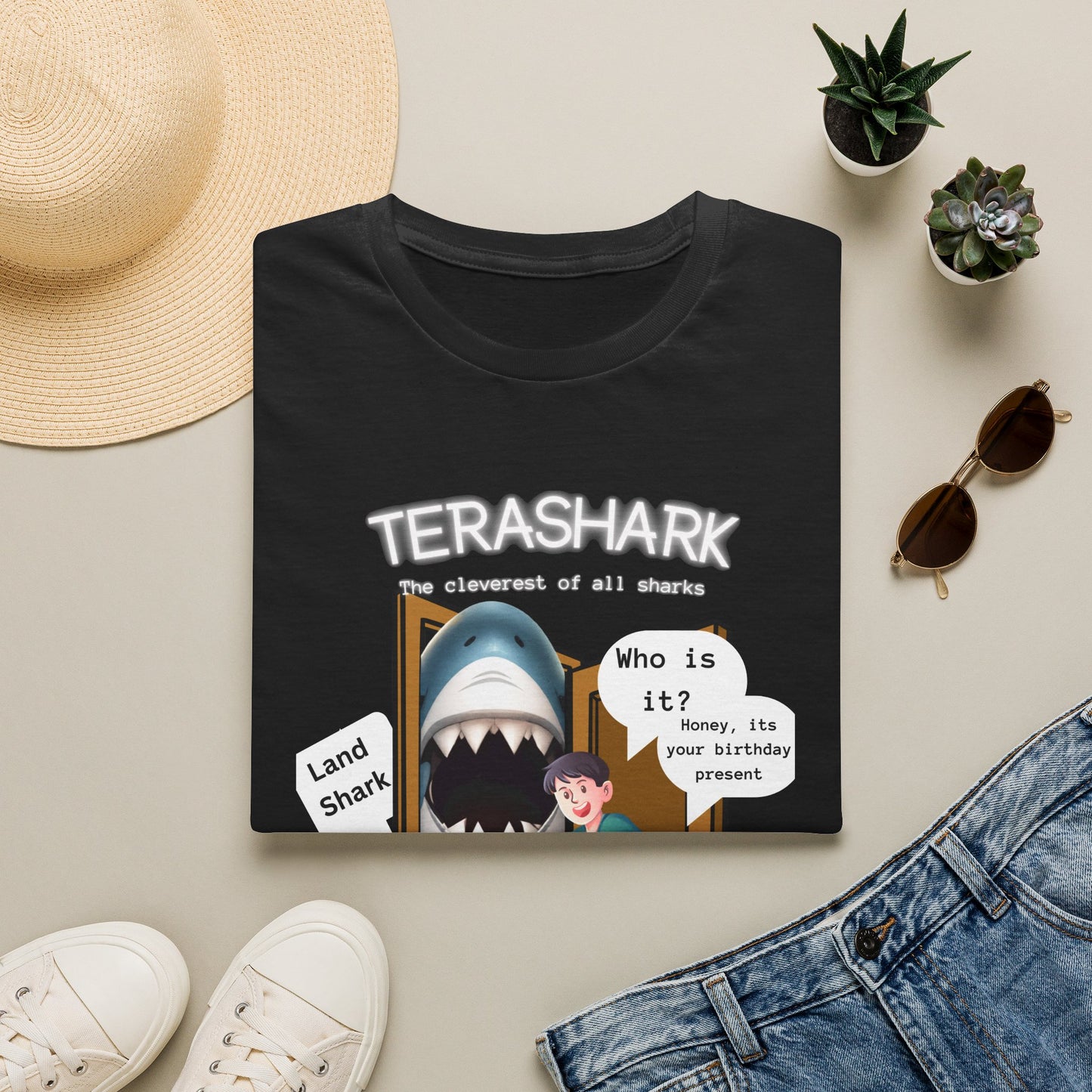 Tera Shark "Who is it?" Graphic T‑Shirt — Funny Birthday Surprise Tee