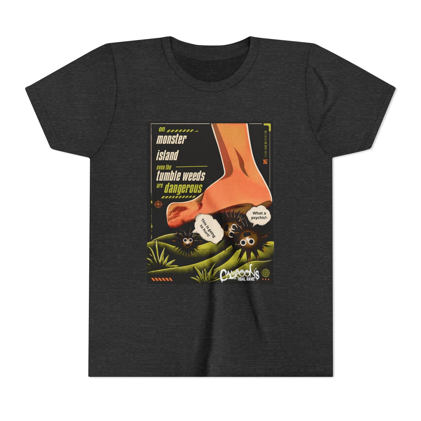 Youth Tee – "Monster Island" Cartoon Foot & Fuzzy Bugs Graphic