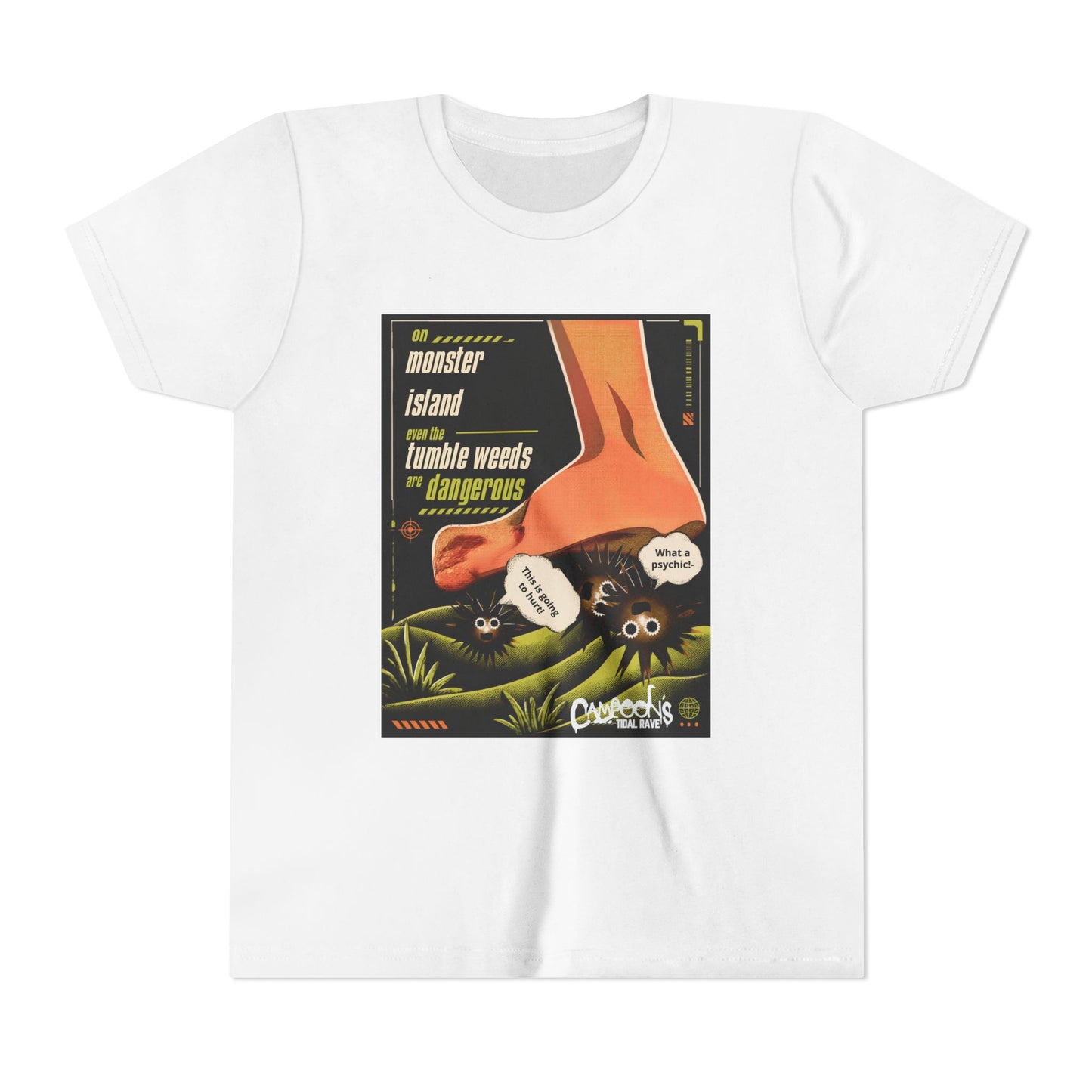 Youth Tee – "Monster Island" Cartoon Foot & Fuzzy Bugs Graphic