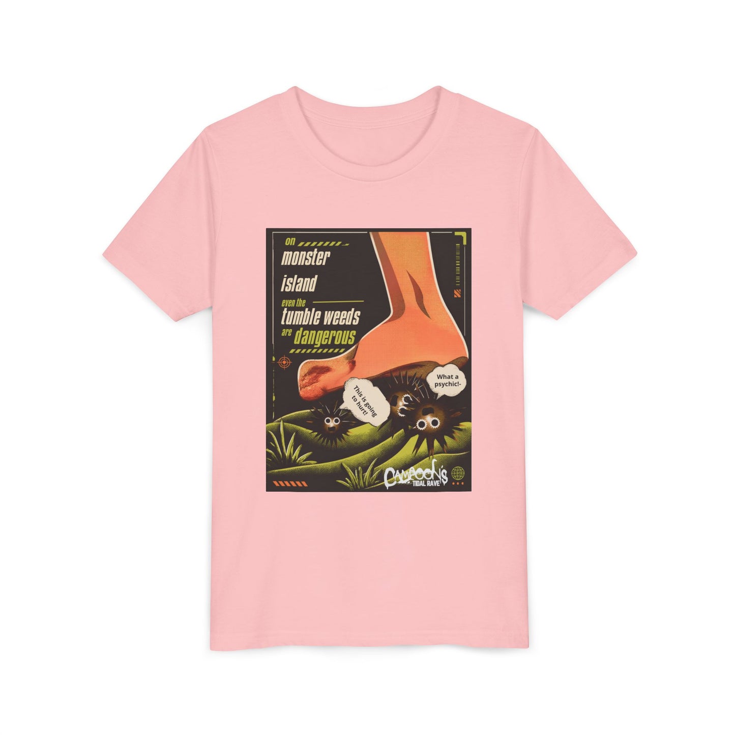 Youth Tee – "Monster Island" Cartoon Foot & Fuzzy Bugs Graphic