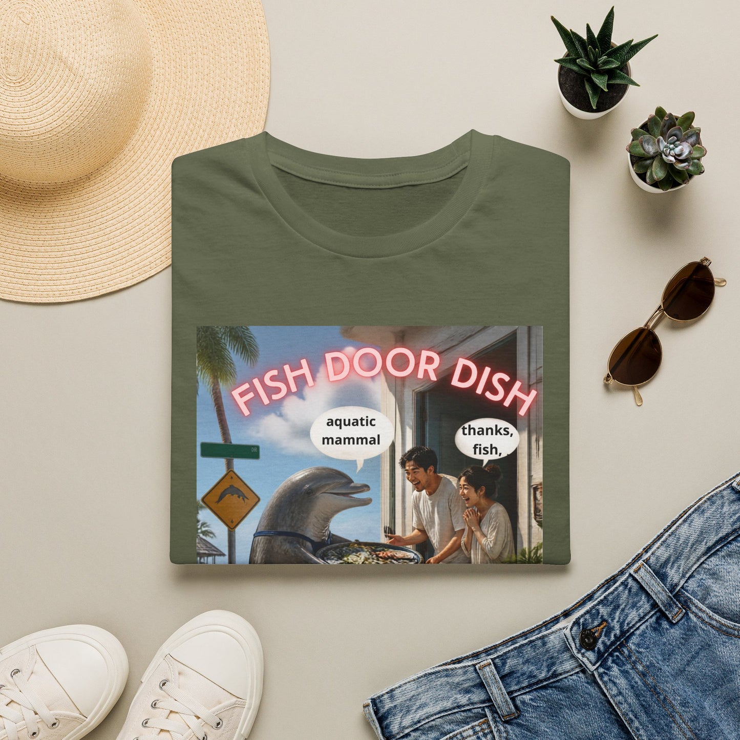 Fish Door Dish T‑Shirt — Funny Dolphin Meme Tee ("aquatic mammal / thanks, fish")
