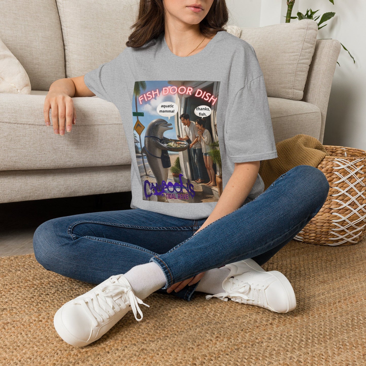 Fish Door Dish T‑Shirt — Funny Dolphin Meme Tee ("aquatic mammal / thanks, fish")