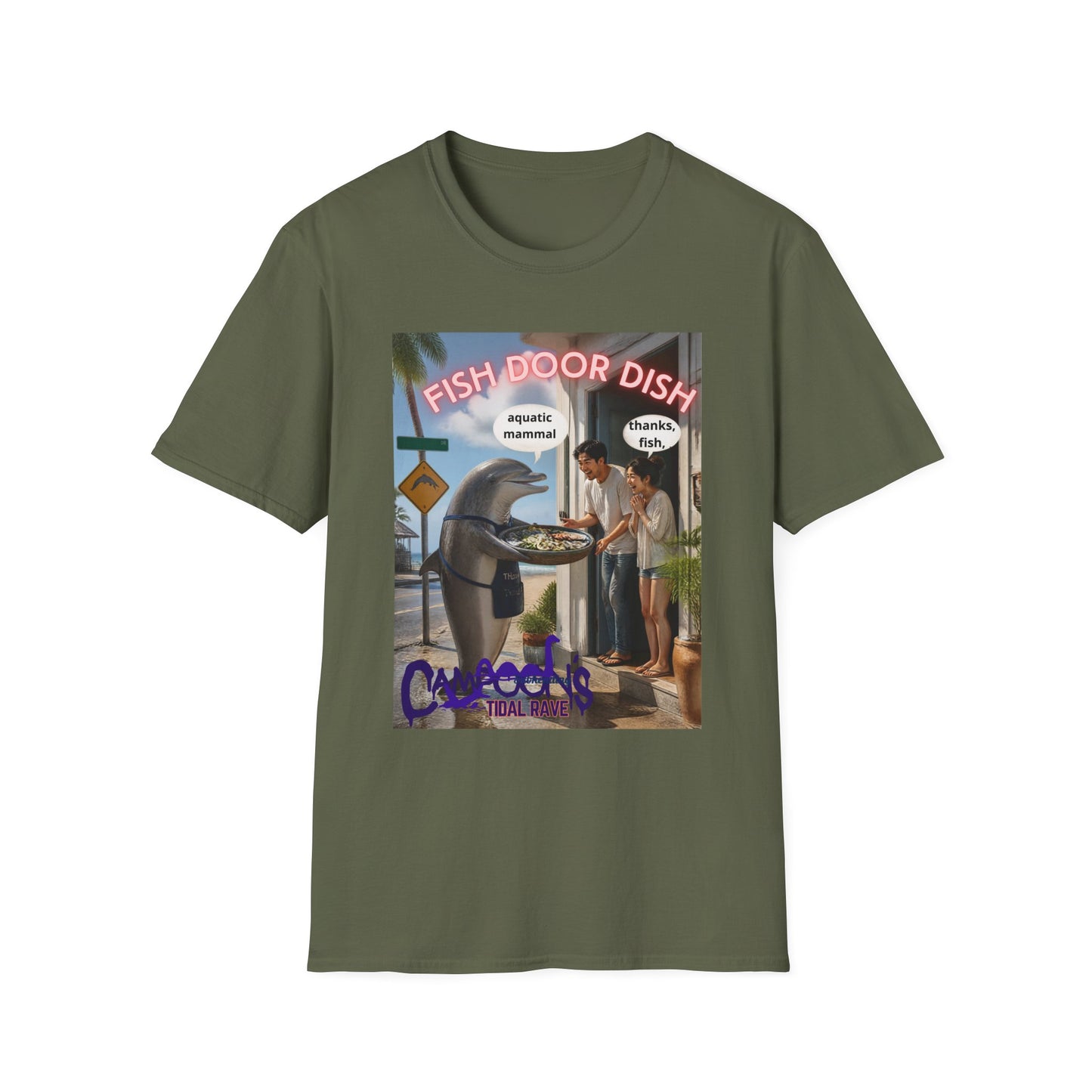 Fish Door Dish T‑Shirt — Funny Dolphin Meme Tee ("aquatic mammal / thanks, fish")