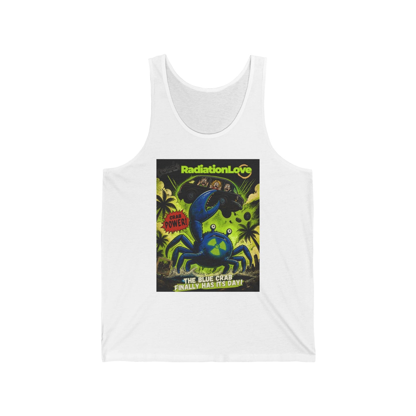 Blue Crab Radiation Love Tank Top — Retro Sci‑Fi Monster Poster Design