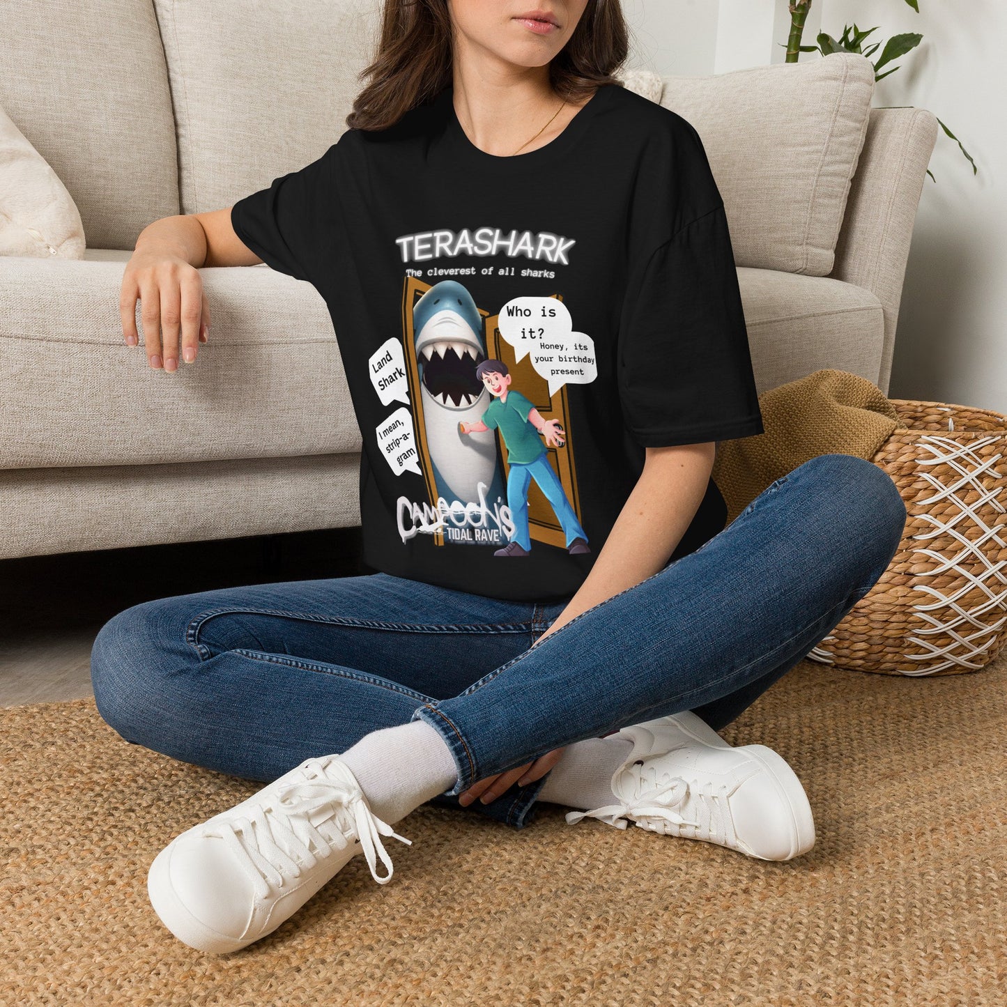 Tera Shark "Who is it?" Graphic T‑Shirt — Funny Birthday Surprise Tee
