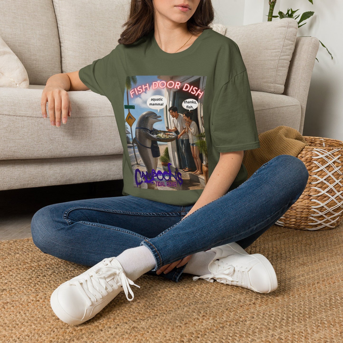 Fish Door Dish T‑Shirt — Funny Dolphin Meme Tee ("aquatic mammal / thanks, fish")