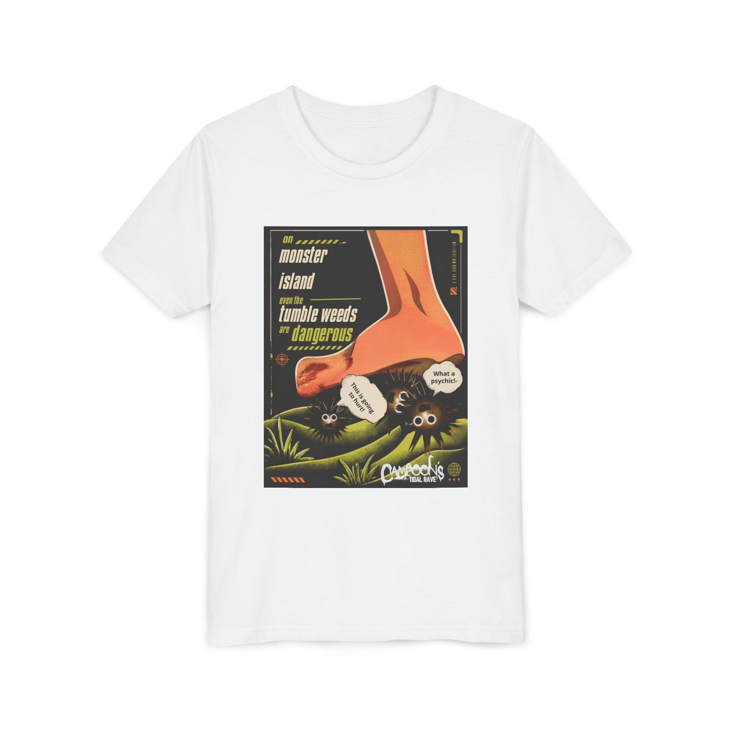 Youth Tee – "Monster Island" Cartoon Foot & Fuzzy Bugs Graphic