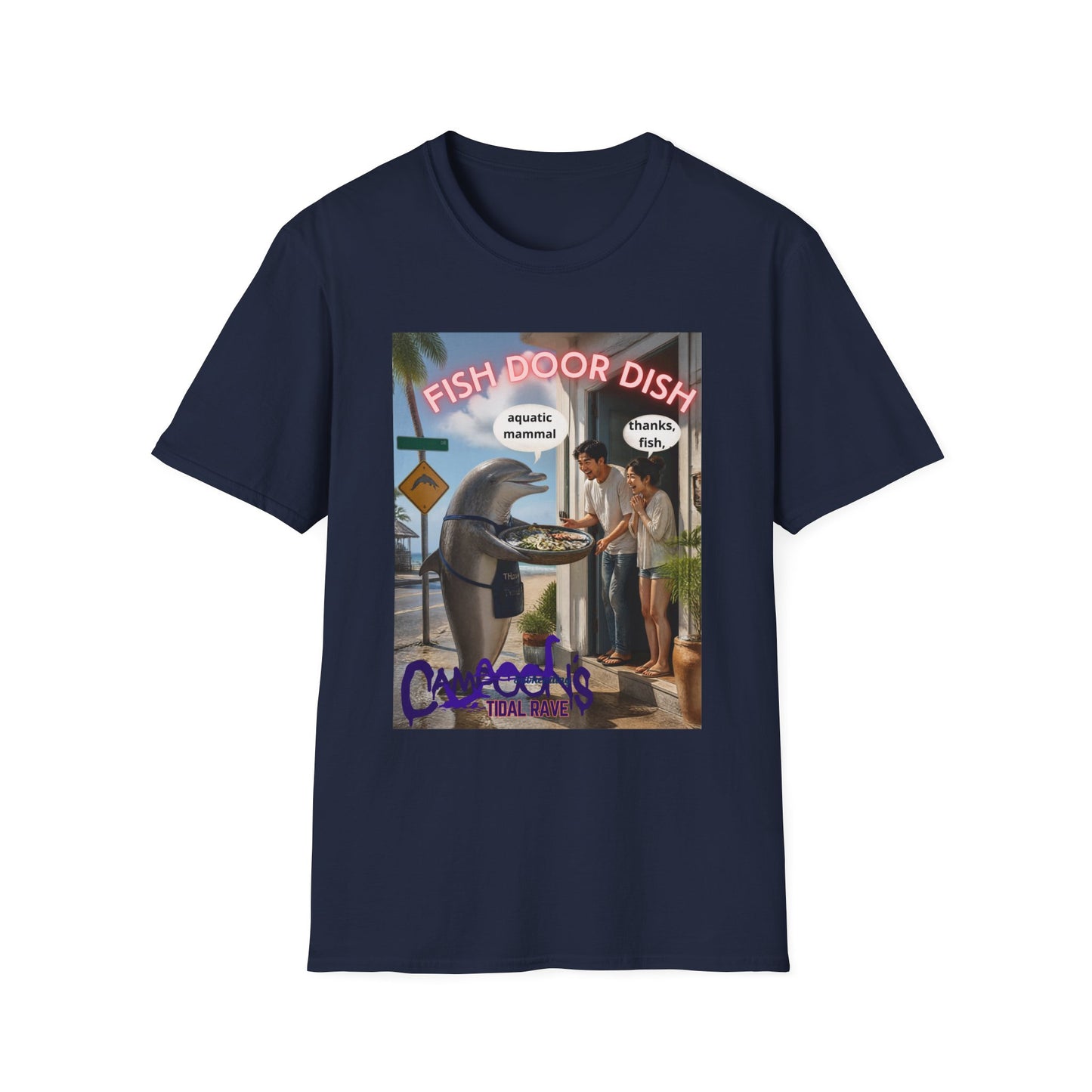 Fish Door Dish T‑Shirt — Funny Dolphin Meme Tee ("aquatic mammal / thanks, fish")
