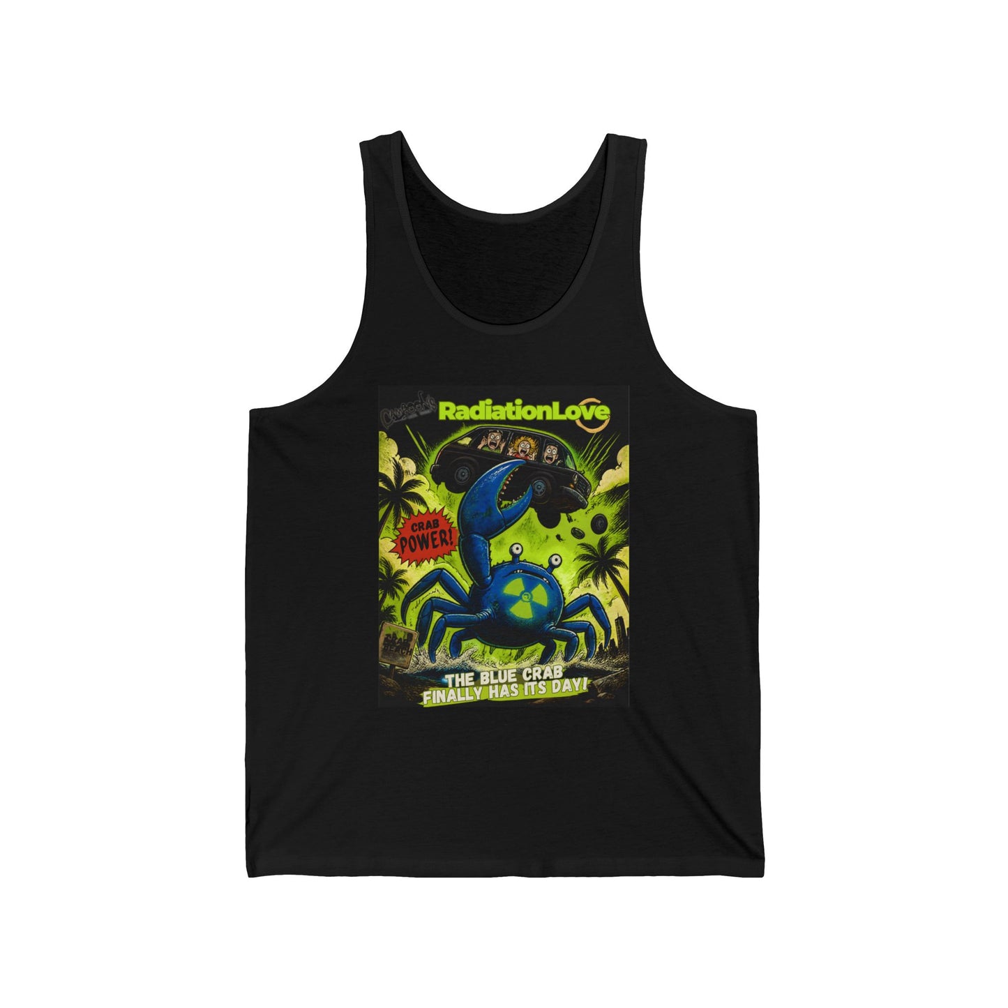 Blue Crab Radiation Love Tank Top — Retro Sci‑Fi Monster Poster Design