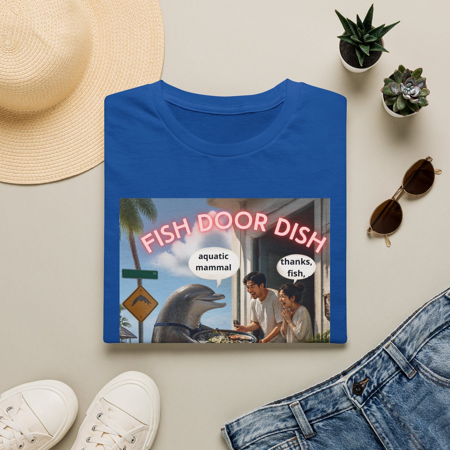 Fish Door Dish T‑Shirt — Funny Dolphin Meme Tee ("aquatic mammal / thanks, fish")