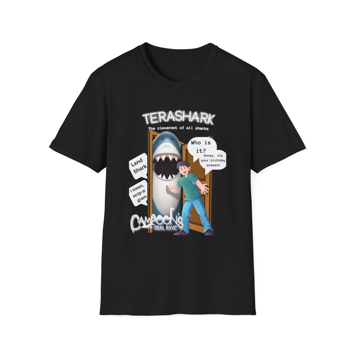 Tera Shark "Who is it?" Graphic T‑Shirt — Funny Birthday Surprise Tee