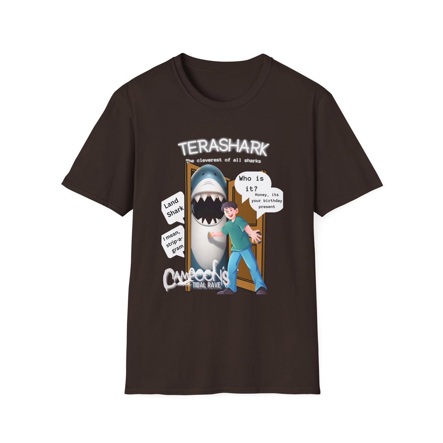 Tera Shark "Who is it?" Graphic T‑Shirt — Funny Birthday Surprise Tee