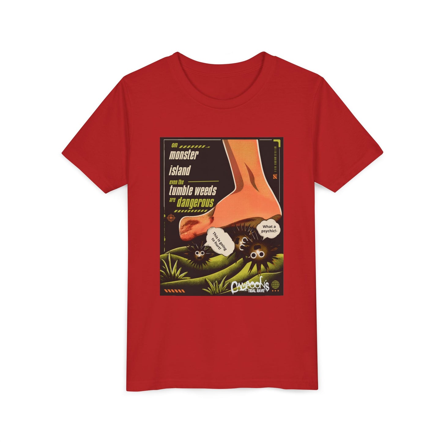 Youth Tee – "Monster Island" Cartoon Foot & Fuzzy Bugs Graphic