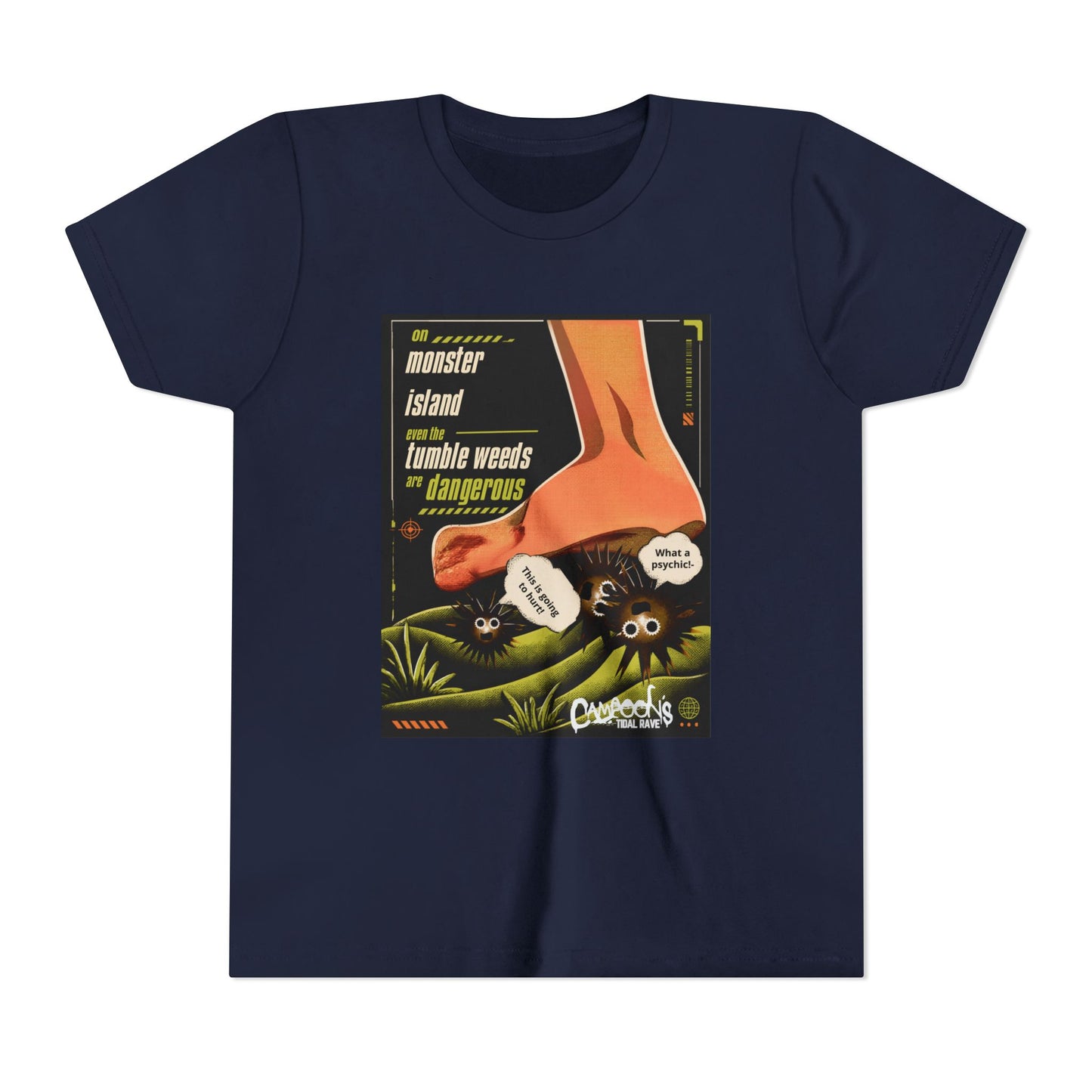 Youth Tee – "Monster Island" Cartoon Foot & Fuzzy Bugs Graphic