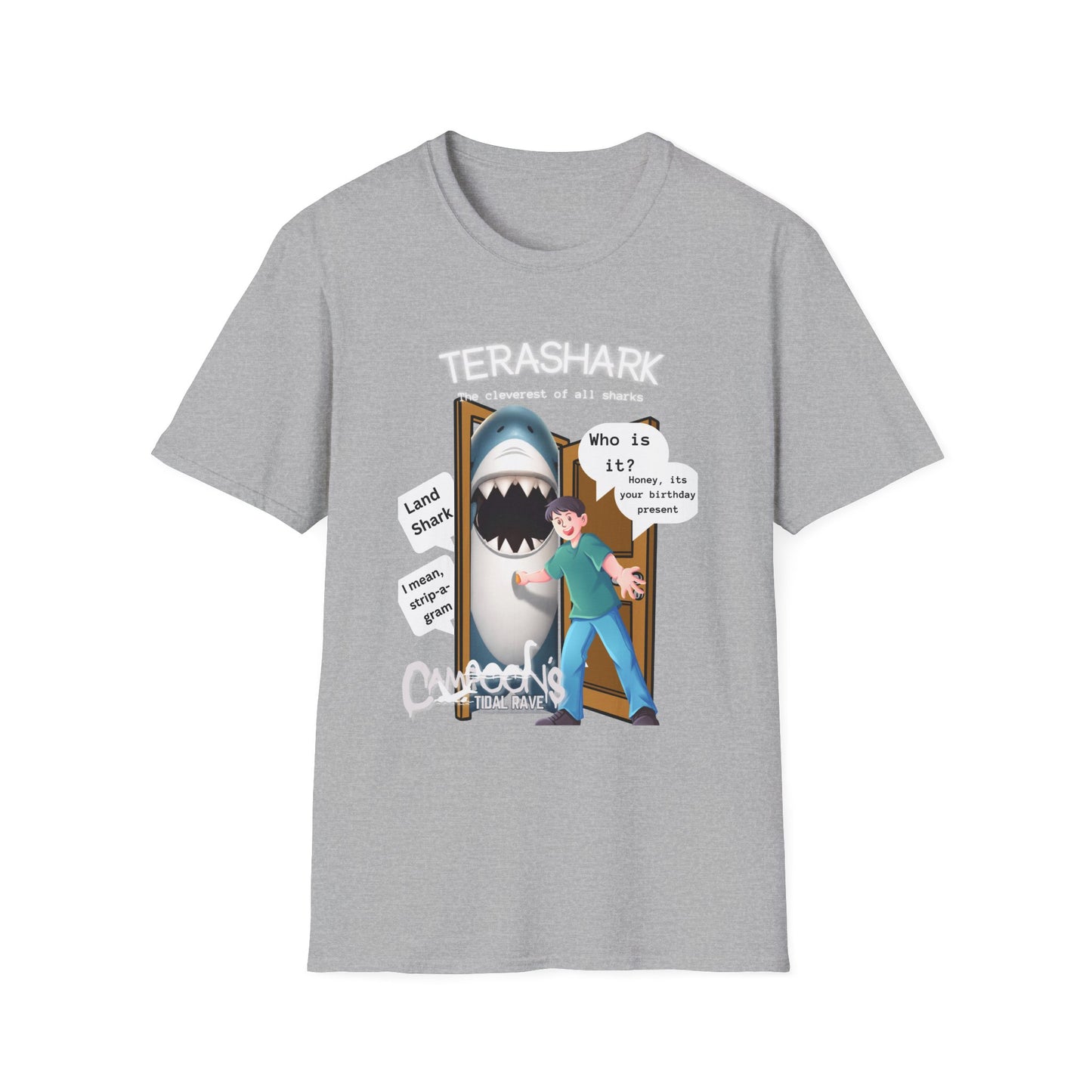 Tera Shark "Who is it?" Graphic T‑Shirt — Funny Birthday Surprise Tee