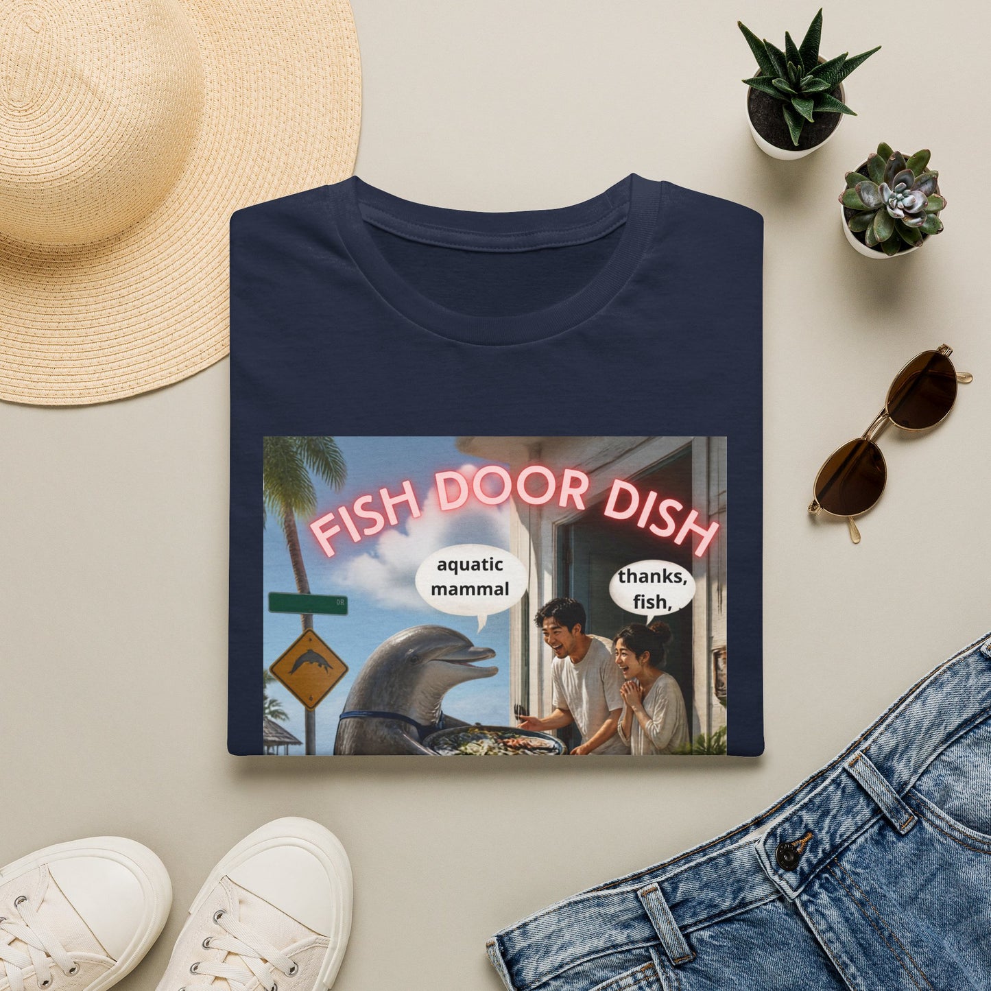 Fish Door Dish T‑Shirt — Funny Dolphin Meme Tee ("aquatic mammal / thanks, fish")