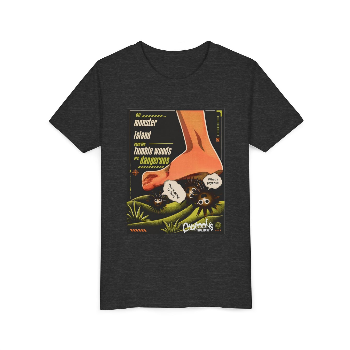 Youth Tee – "Monster Island" Cartoon Foot & Fuzzy Bugs Graphic