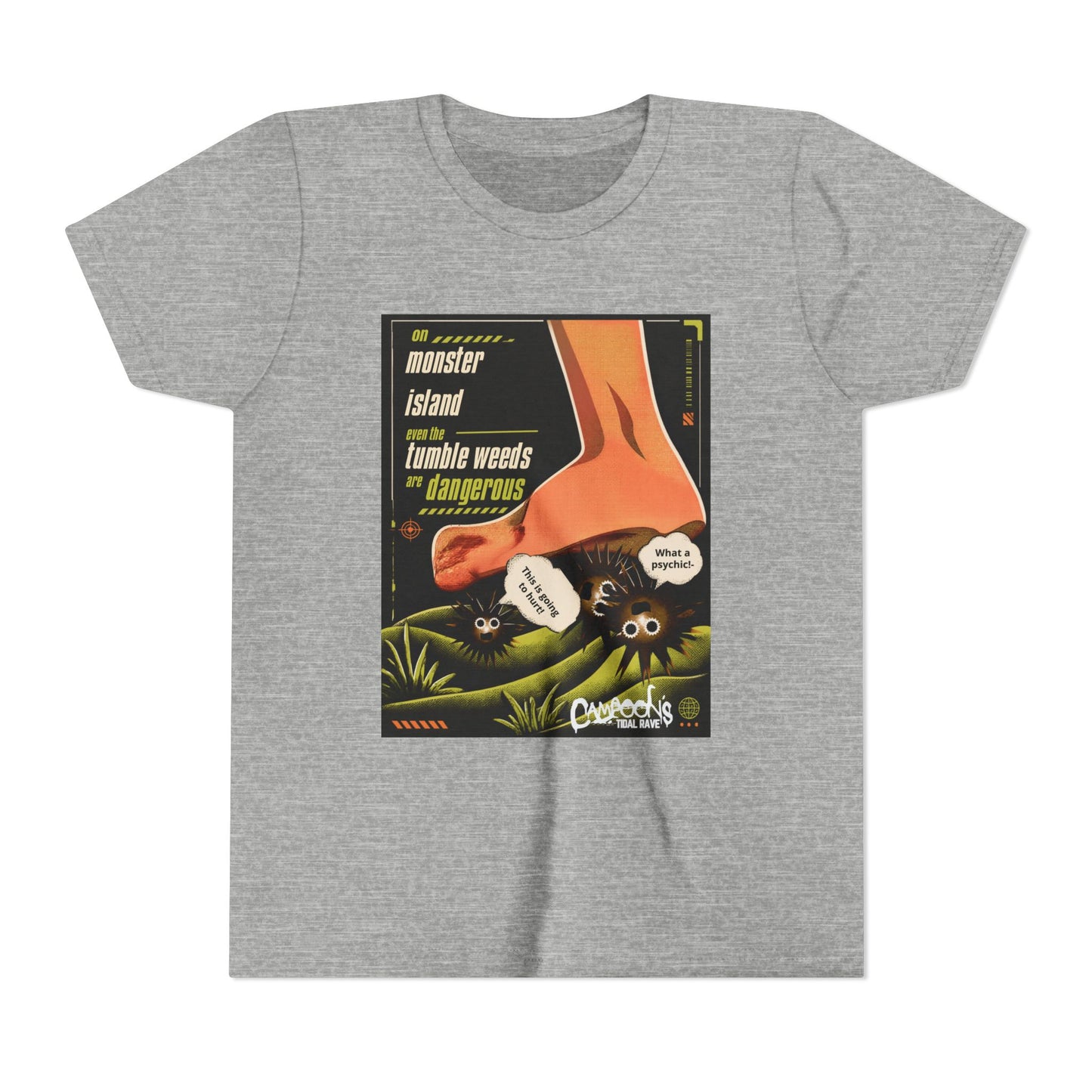 Youth Tee – "Monster Island" Cartoon Foot & Fuzzy Bugs Graphic